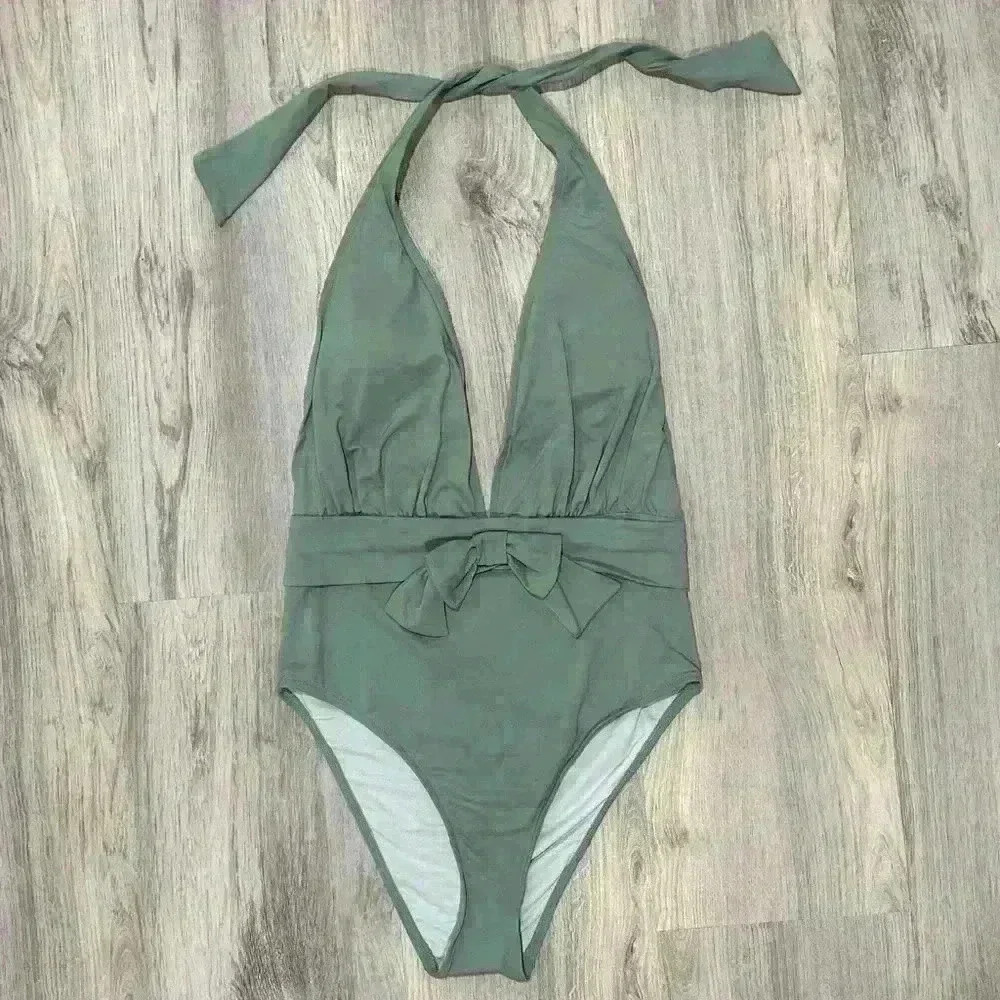 We Wore What Sage Green Brooklyn Halter One Piece Swimsuit Plunge Bow Size L